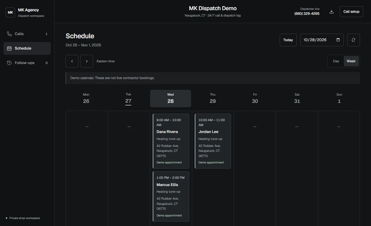 Actual MK Dispatch week schedule showing appointments labelled as demo bookings.