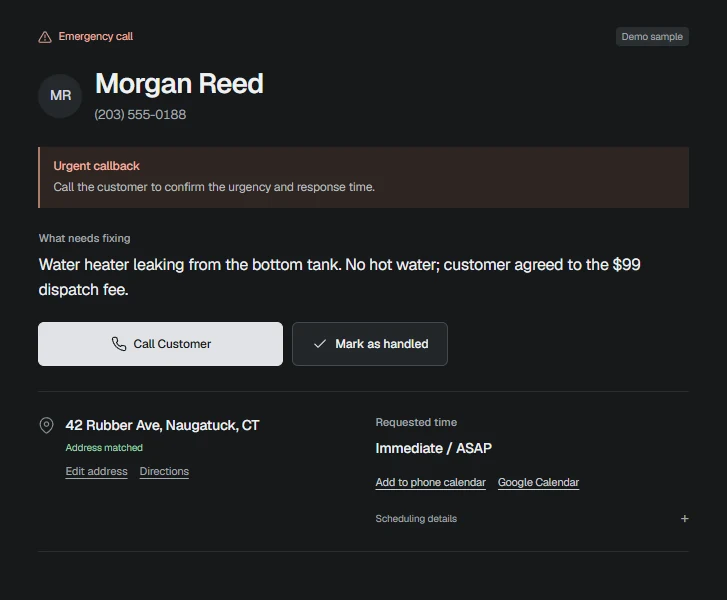 Actual desktop call-detail view showing a demonstration customer, issue, address and callback actions.