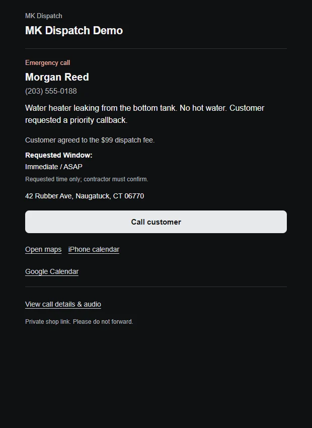 Actual MK Dispatch email template rendered with sample customer details and native action links.