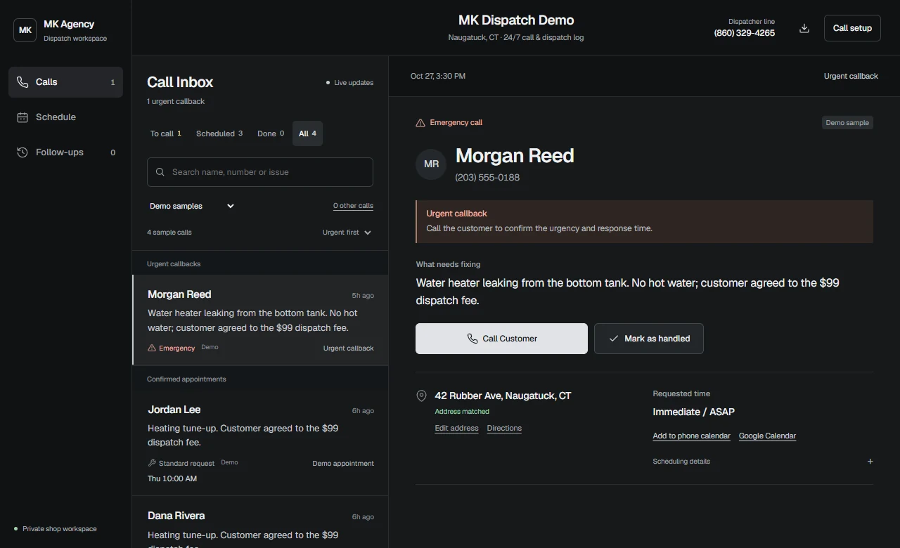 The real MK Dispatch call inbox, demonstrated with sample customers and a clearly labelled demo workspace.