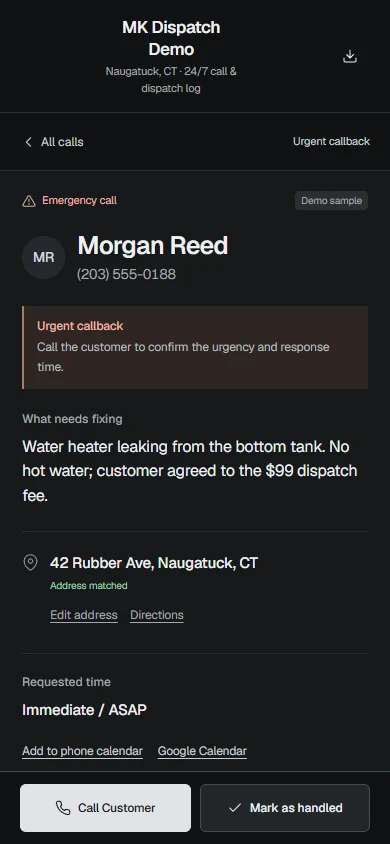 Actual MK Dispatch phone view with a demo service request and Call Customer action.